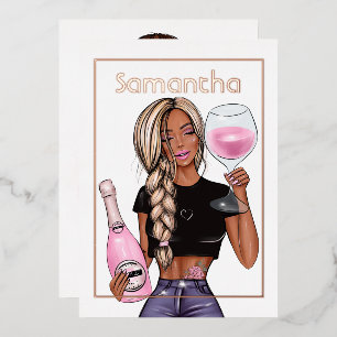 Invitación Con Relieve Metalizado Fiesta de Cumpleaños con Champán Rosa Dorado y Ros