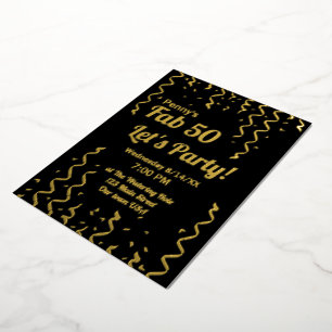 Invitación Con Relieve Metalizado Fiesta de cumpleaños con cintas negras y doradas F