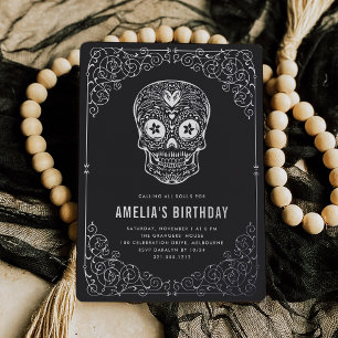 Invitación Con Relieve Metalizado Fiesta de Cumpleaños Cráneo de Plata Dia de los Mu