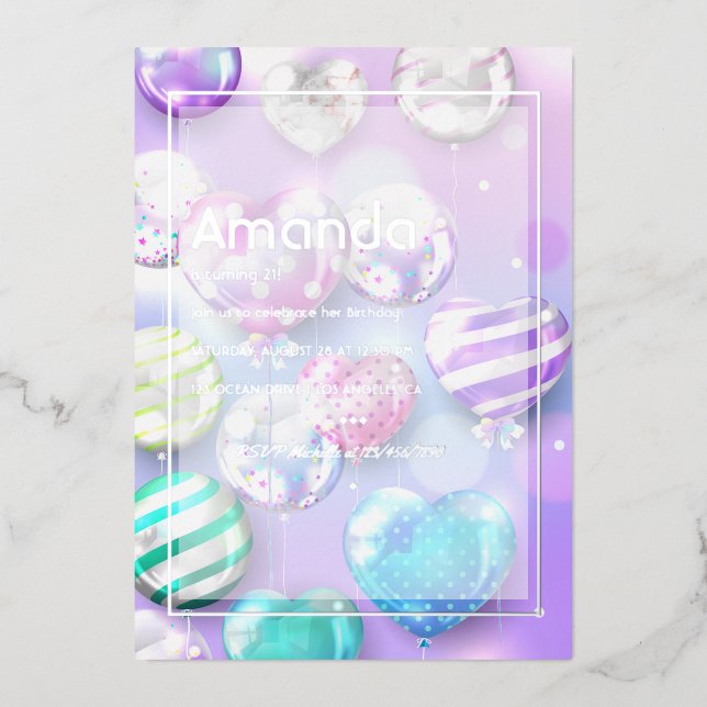 Invitación Con Relieve Metalizado Fiesta de cumpleaños de Bokeh con globo (Anverso)