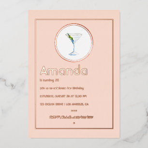 Invitación Con Relieve Metalizado Fiesta de Cumpleaños de Cocktail Rosa Oro y Rosa B