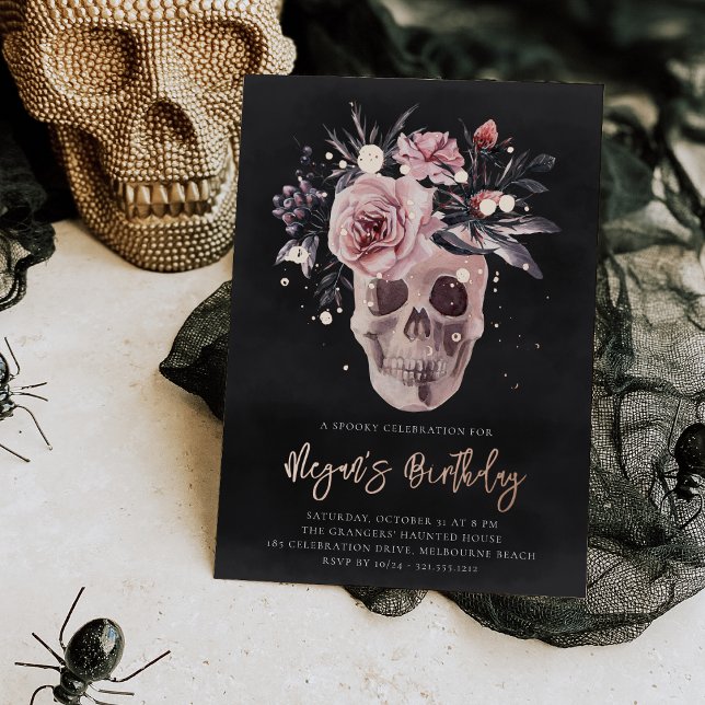 Invitación Con Relieve Metalizado Fiesta de cumpleaños de Floral Skull Halloween (Subido por el creador)