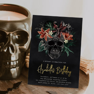 Invitación Con Relieve Metalizado Fiesta de Cumpleaños de Halloween con Calavera Flo