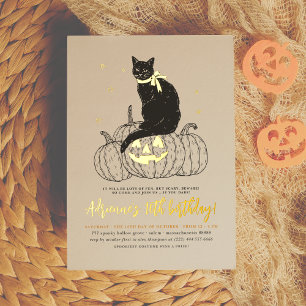 Invitación Con Relieve Metalizado Fiesta de cumpleaños de Halloween con gato negro R