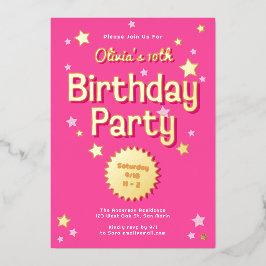 Invitación Con Relieve Metalizado Fiesta de cumpleaños de las estrellas rosadas de B