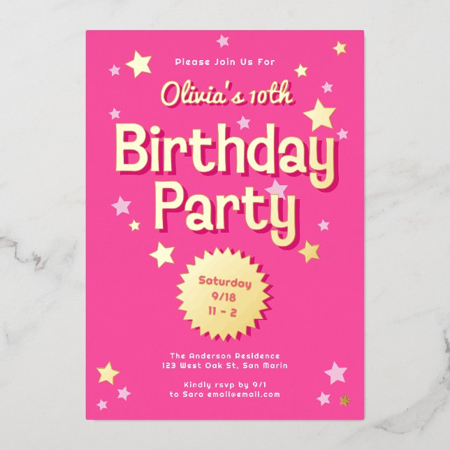 Invitación Con Relieve Metalizado Fiesta de cumpleaños de las estrellas rosadas de B (Anverso)
