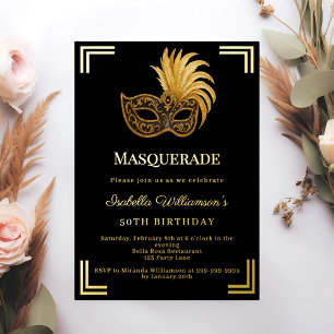 Invitación Con Relieve Metalizado Fiesta de cumpleaños de lujo Masquerade oro negro