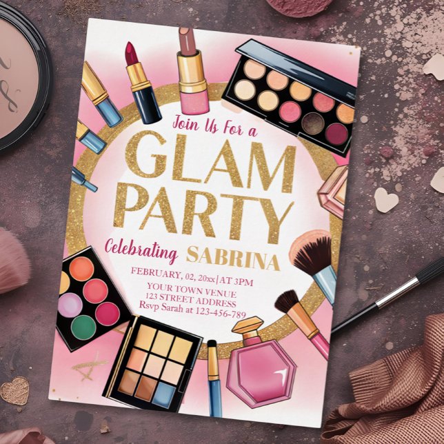 Invitación Con Relieve Metalizado fiesta de cumpleaños de maquillaje glam, fiesta de (Subido por el creador)