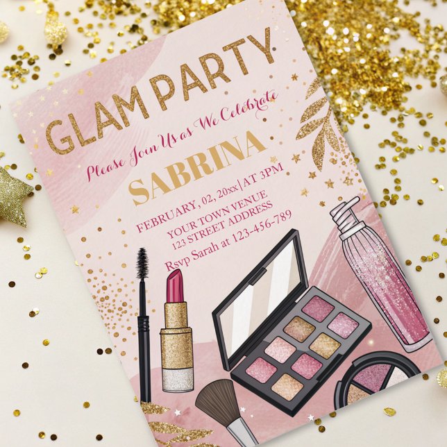 Invitación Con Relieve Metalizado fiesta de cumpleaños de maquillaje glam rosa negro (Subido por el creador)