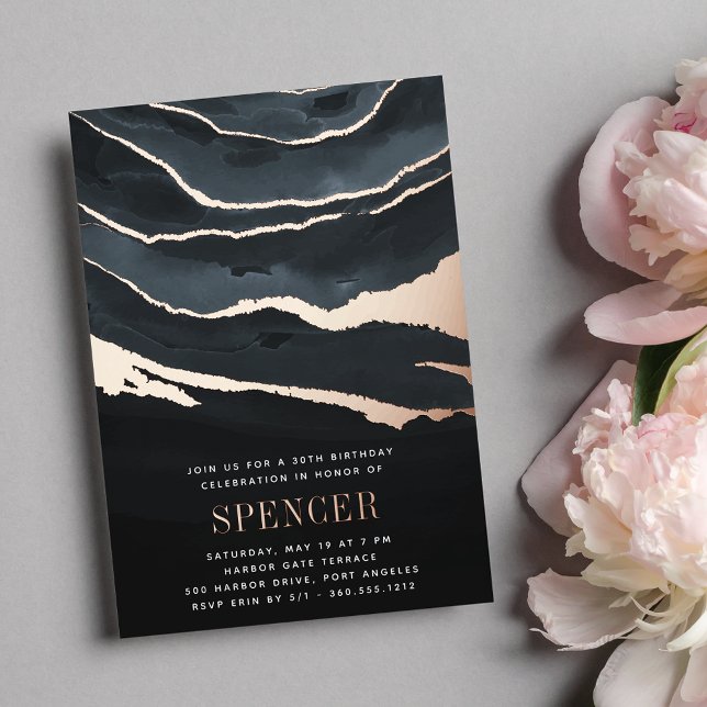 Invitación Con Relieve Metalizado Fiesta de cumpleaños de mármol oscuro de lujo o cu (Subido por el creador)