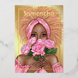 Invitación Con Relieve Metalizado Fiesta de cumpleaños de mujer negra rosa y dorada