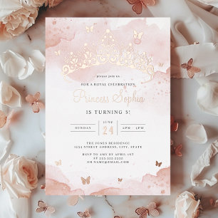 Invitación Con Relieve Metalizado Fiesta de Cumpleaños de Niñas Princesa Rosa Oro