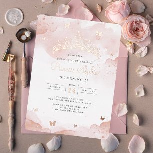 Invitación Con Relieve Metalizado Fiesta de Cumpleaños de Niñas Rosa Oro Princesa En