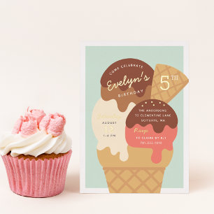 Invitación Con Relieve Metalizado Fiesta de Cumpleaños de Niños con Helado Sundae