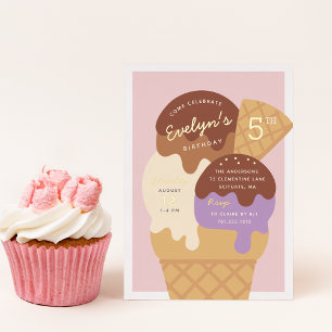 Invitación Con Relieve Metalizado Fiesta de Cumpleaños de Niños con Helado Sundae
