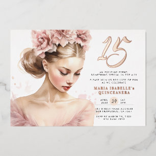 Invitación Con Relieve Metalizado Fiesta de cumpleaños de Quinceañera Princesa Rosa