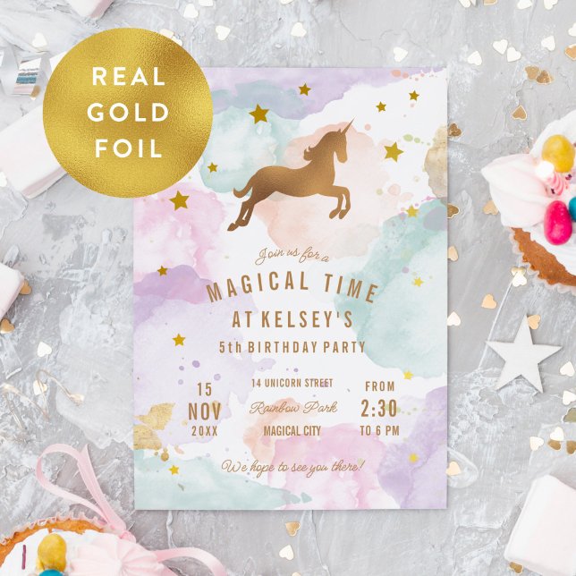 Invitación Con Relieve Metalizado Fiesta de cumpleaños de Rainbow Unicorn (UNICORN birthday party invitation with real rose gold foil)
