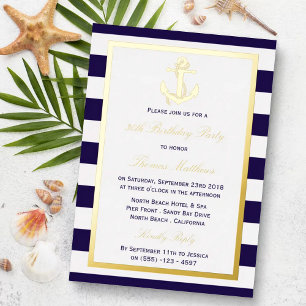Invitación Con Relieve Metalizado Fiesta de cumpleaños de raya naval de ancla náutic