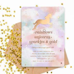 Invitación Con Relieve Metalizado Fiesta de Cumpleaños de Unicornio Dorado Arcoíris 