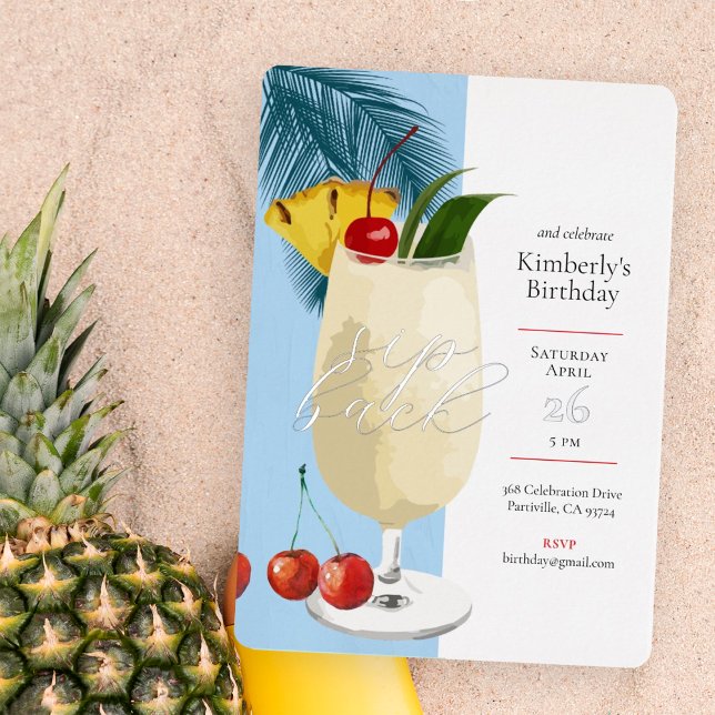 Invitación Con Relieve Metalizado Fiesta de cumpleaños del cóctel Tropical Blue Pina (Subido por el creador)