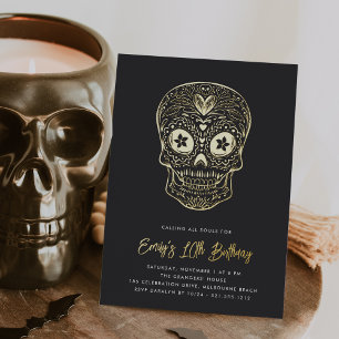 Invitación Con Relieve Metalizado Fiesta de Cumpleaños Día de los Muertos Calavera D