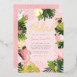 Invitación Con Relieve Metalizado Fiesta de cumpleaños dorada de verano tropical Alo