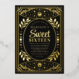 Invitación Con Relieve Metalizado Fiesta de Cumpleaños Dulces 16 Bruja Tarot de Oro