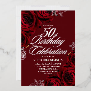 Invitación Con Relieve Metalizado Fiesta de cumpleaños elegante número 50 Burgundy y