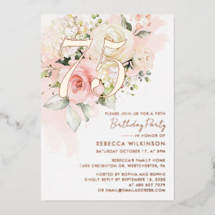 Invitación Con Relieve Metalizado Fiesta de cumpleaños floral de 75 años