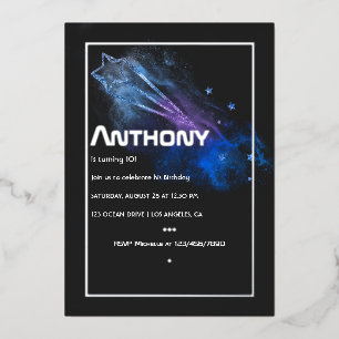 Invitación Con Relieve Metalizado Fiesta de Cumpleaños Galaxia