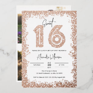Invitación Con Relieve Metalizado Fiesta de Cumpleaños Glamour Rosa Dorado Real Foto