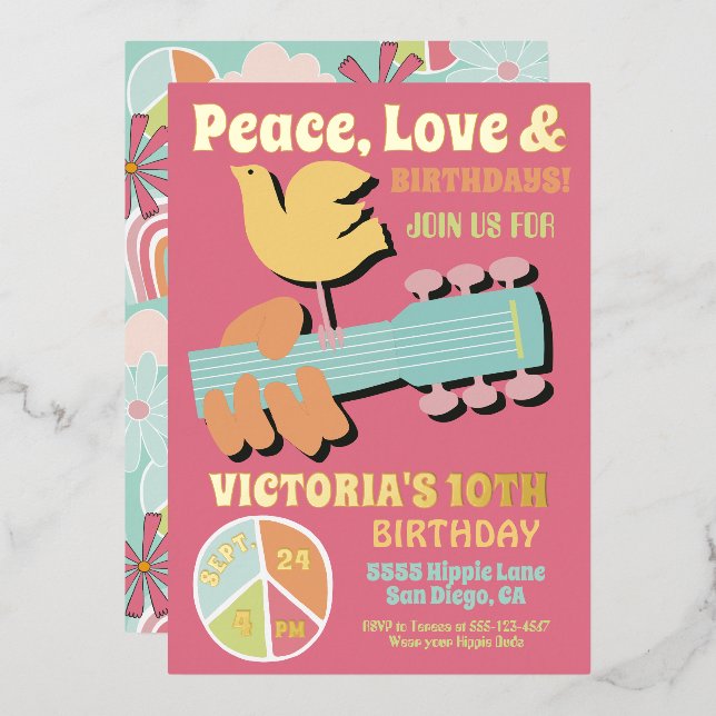 Invitación Con Relieve Metalizado Fiesta de cumpleaños Hippie de Woodstock (Anverso/Reverso)