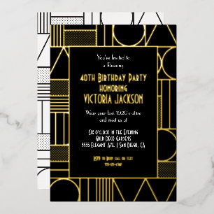Invitación Con Relieve Metalizado Fiesta de cumpleaños Modern Deco Roaring 20's Gats