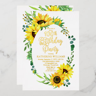Invitación Con Relieve Metalizado Fiesta de cumpleaños número 100 girasol   Floral d