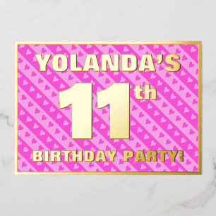 Invitación Con Relieve Metalizado Fiesta de cumpleaños número 11 — Corazones rosados