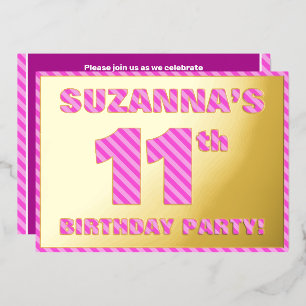Invitación Con Relieve Metalizado Fiesta de cumpleaños número 11 — Rayas rosadas, di