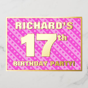 Invitación Con Relieve Metalizado Fiesta de cumpleaños número 17 — Corazones rosados