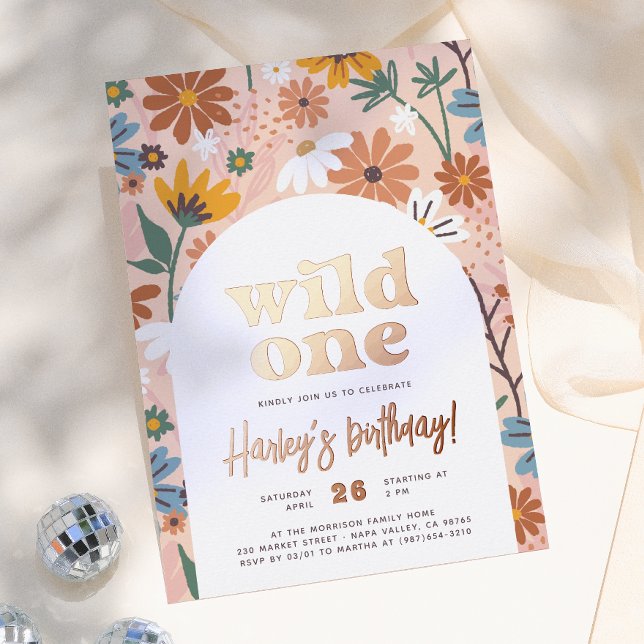 Invitación Con Relieve Metalizado Fiesta de cumpleaños número 1 de Wildflower Retro  (Subido por el creador)