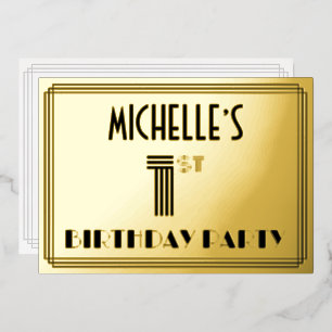 Invitación Con Relieve Metalizado Fiesta de cumpleaños número 1 — Estilo Art Déco “1