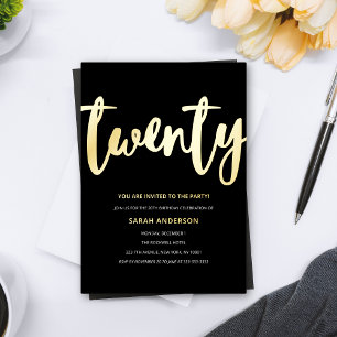 Invitación Con Relieve Metalizado Fiesta de cumpleaños número 20 de papel de oro