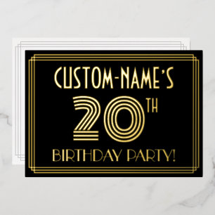 Invitación Con Relieve Metalizado Fiesta de cumpleaños número 20 — Estilo Art Déco “