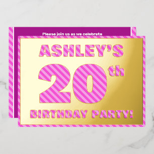 Invitación Con Relieve Metalizado Fiesta de cumpleaños número 20 — Rayas rosadas, di