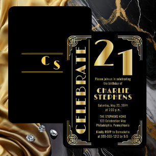 Invitación Con Relieve Metalizado Fiesta de cumpleaños número 21 con lujo Art Déco e