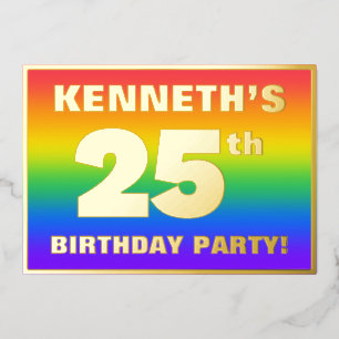 Invitación Con Relieve Metalizado Fiesta de cumpleaños número 25: Patrón de arcoíris