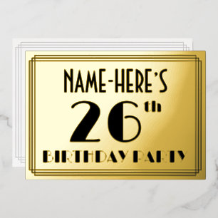Invitación Con Relieve Metalizado Fiesta de cumpleaños número 26 — Look Art Déco “26