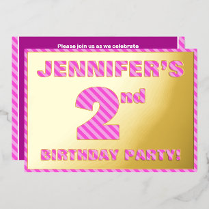 Invitación Con Relieve Metalizado Fiesta de cumpleaños número 2 — Rayas rosadas, div