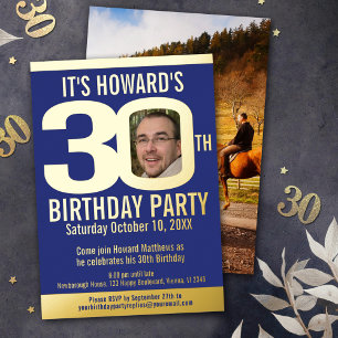 Invitación Con Relieve Metalizado Fiesta de cumpleaños número 30 azul oro foil foto