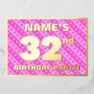 Invitación Con Relieve Metalizado Fiesta de cumpleaños número 32 — Corazones y rayas