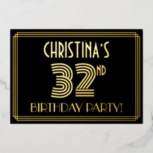 Invitación Con Relieve Metalizado Fiesta de cumpleaños número 32 — Estilo Art Deco “