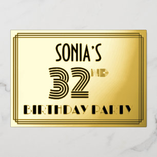 Invitación Con Relieve Metalizado Fiesta de cumpleaños número 32 — Estilo Art Déco “